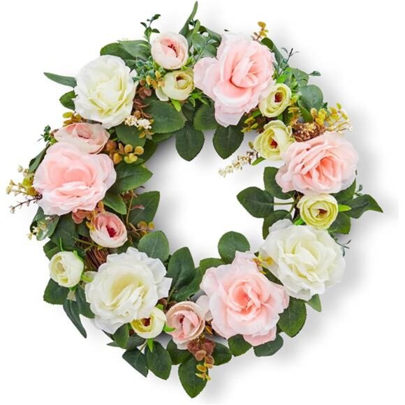 Spring Wreaths for Front Door, 15.7" Artificial Rose Peony Flower Wreath Spring - Picture 1 of 7